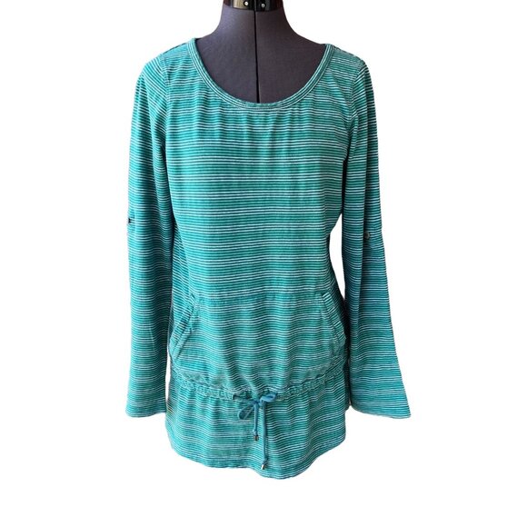 Royal Robbins Green Stripe Scoop-Neck Top Drawstring Waist Roll-Tab Sleeve Sz. M - Picture 1 of 6